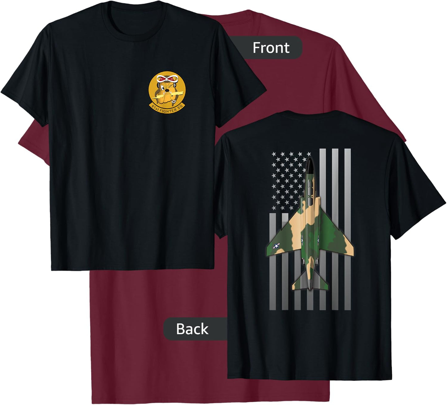 61st Fighter Squadron F-4 Phantom II and US Flag T-Shirt - T-Shirt | Maroon