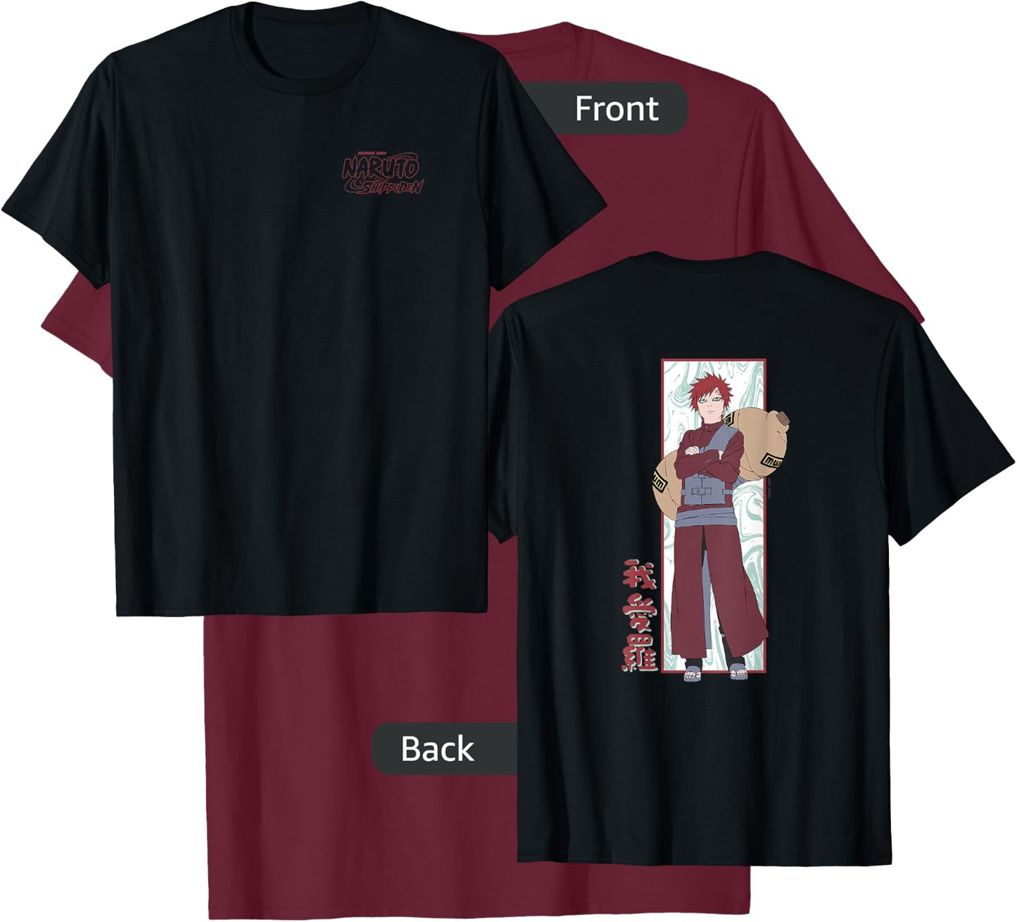 Naruto Shippuden Gaara Marble Background Front Back Anime T-Shirt - T-Shirt | Maroon