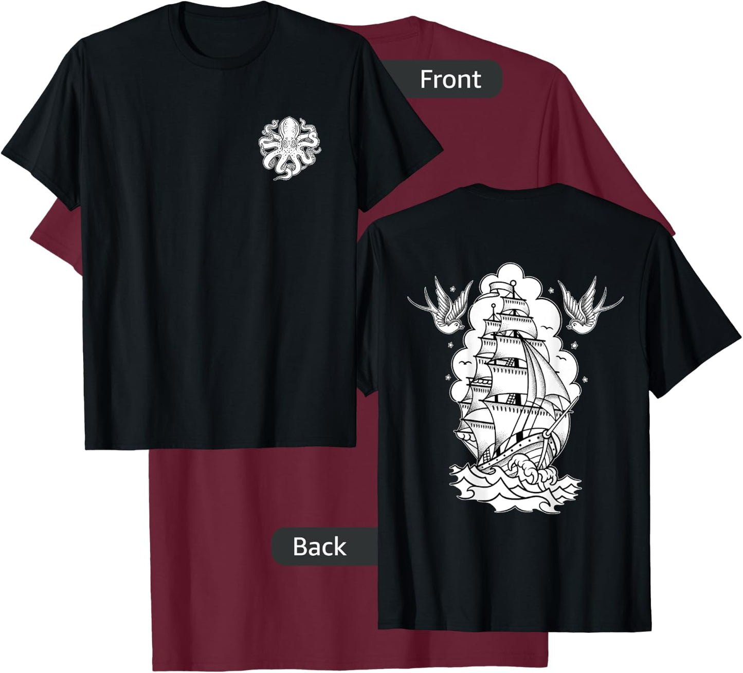 Octopus, Old School Sailor Tattoo Clipper Ship and Swallows T-Shirt - T-Shirt | Maroon