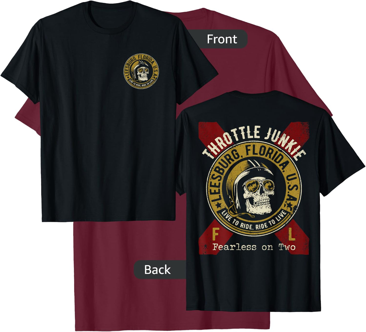 Leesburg Florida USA Motorcycle Biker Skull Design T-Shirt - T-Shirt | Maroon