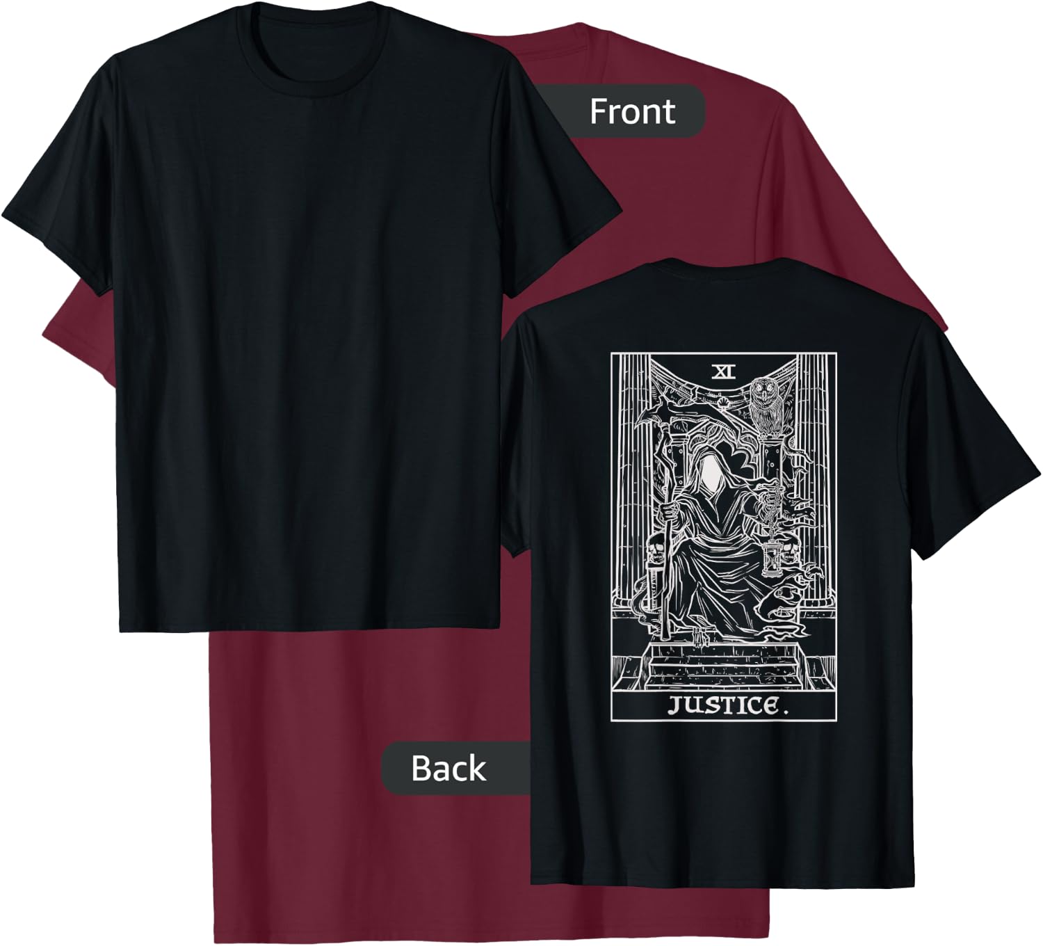 Justice Tarot Card Grim Reaper Halloween Gothic Back Print T-Shirt - T-Shirt | Maroon