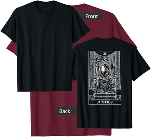 Justice Tarot Card Grim Reaper Halloween Gothic Back Print T-Shirt - T-Shirt | Maroon