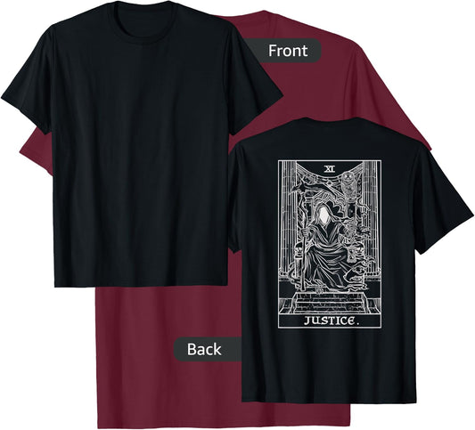 Justice Tarot Card Grim Reaper Halloween Gothic Back Print T-Shirt - T-Shirt | Maroon