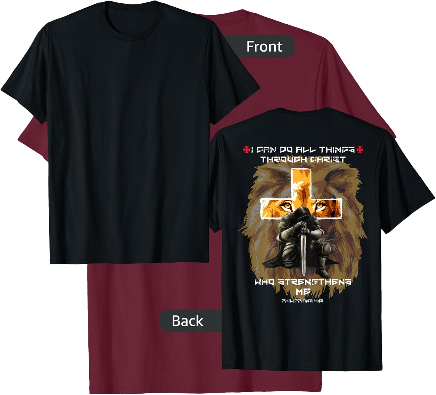 Back Print Bible Verse Gifts Men Dad Christian Lion Cross T-Shirt - T-Shirt | Maroon