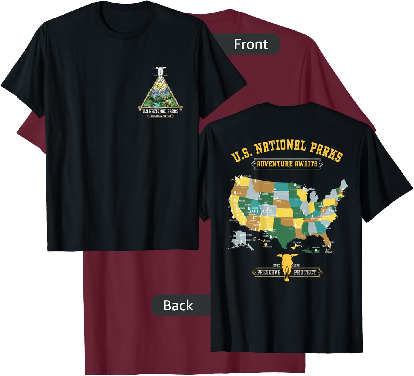 All 63 US National Parks Adventure Map Graphic(+ back print) T-Shirt - T-Shirt | Maroon