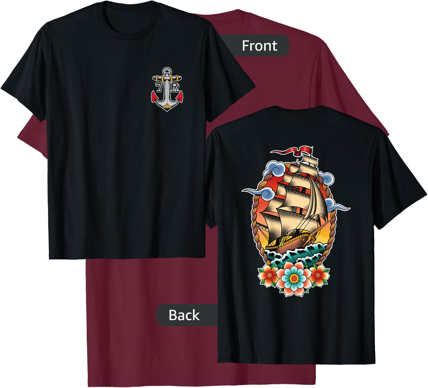 Old School American Traditional Tattoo Flash Clipper Ship T-Shirt - T-Shirt | Maroon