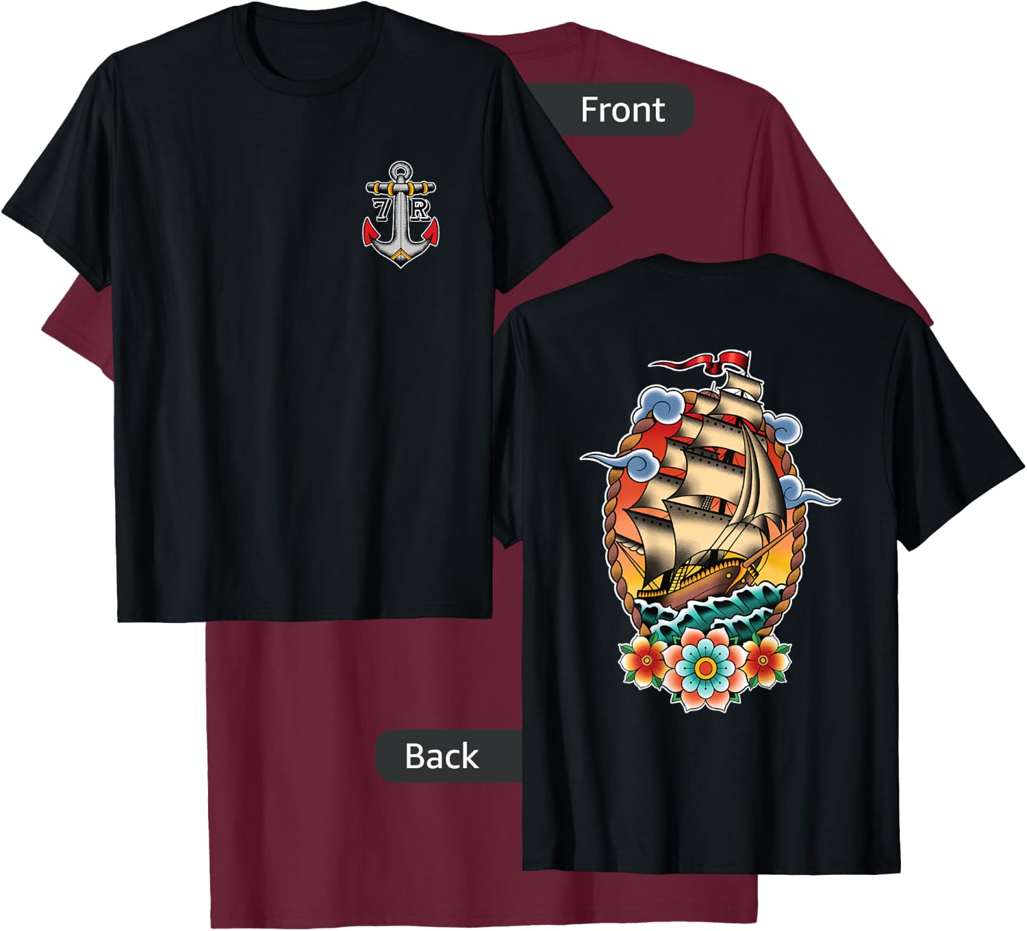 Old School American Traditional Tattoo Flash Clipper Ship T-Shirt - T-Shirt | Maroon