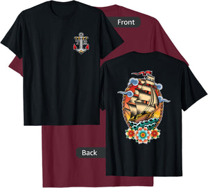 Old School American Traditional Tattoo Flash Clipper Ship T-Shirt - T-Shirt | Maroon