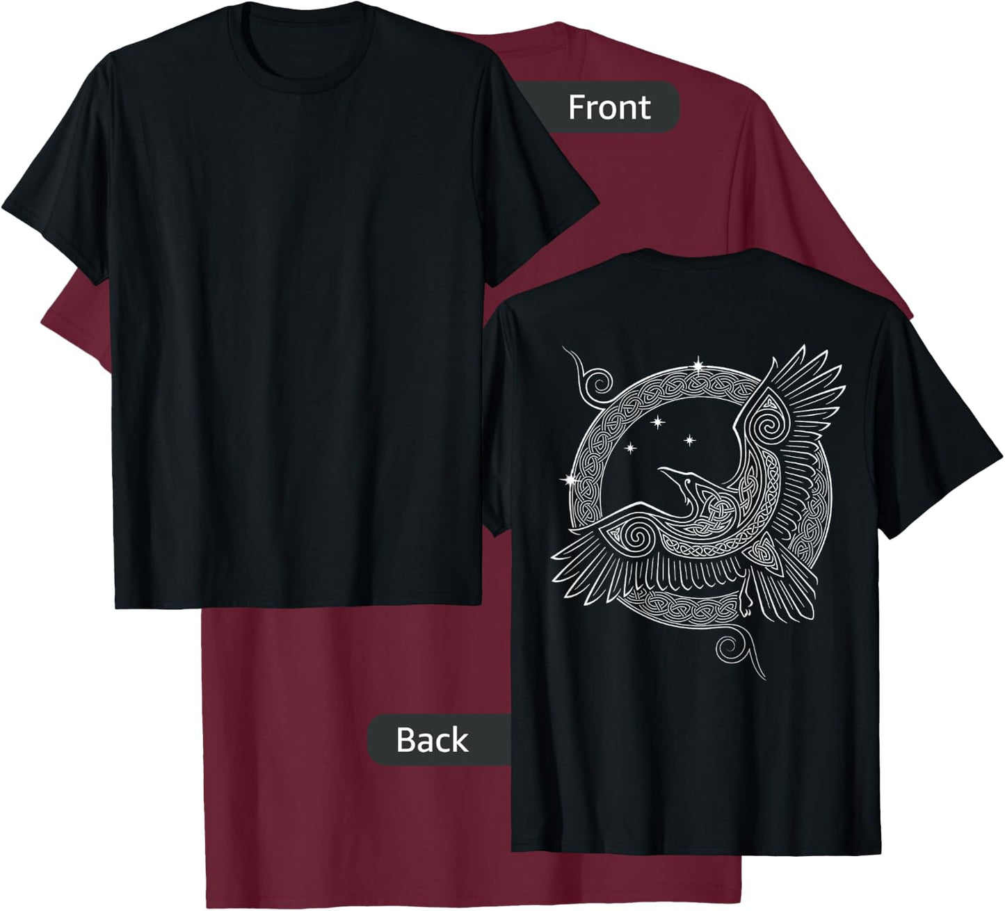 Raven Knotwork Moon Viking (on Back) T-Shirt - T-Shirt | Maroon
