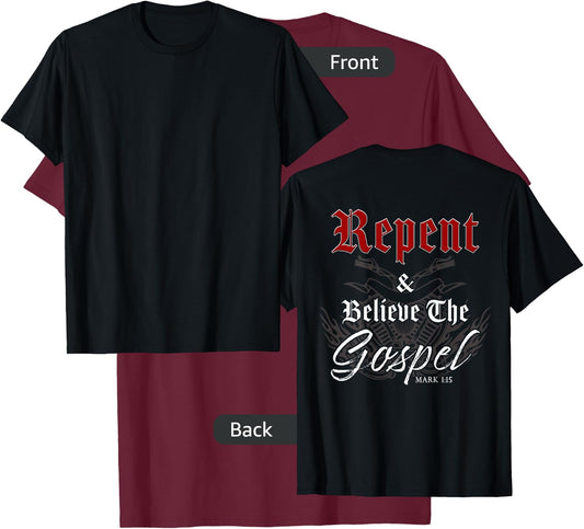 Repent & Believe the Gospel Motorcycle Christian Faith Biker T-Shirt - T-Shirt | Maroon