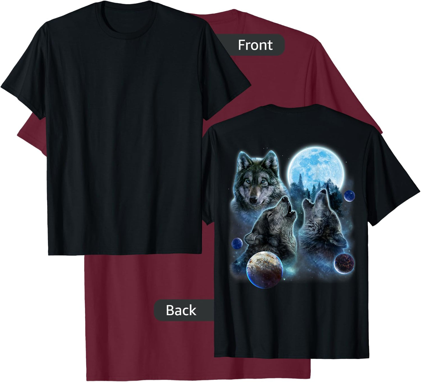 Three Wolf Howling and Moon T-Shirt - T-Shirt | Maroon