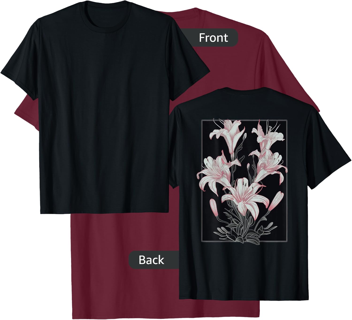 Back print: Beautiful Floral Festival Lily on Lilies Flower T-Shirt - T-Shirt | Maroon