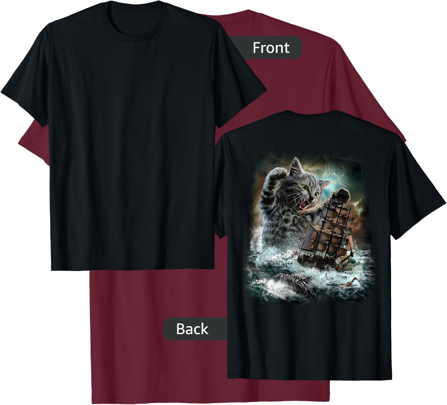 Giant Cat as Kraken Sea Monster Ambush a War Ship in Ocean T-Shirt - T-Shirt | Maroon