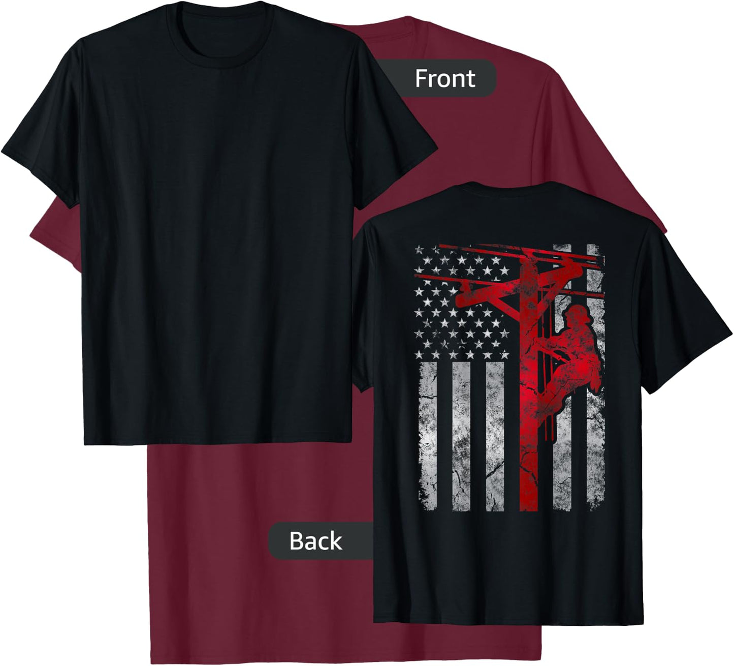 Distressed Patriotic Electric Cable Lineman American Flag T-Shirt - T-Shirt | Maroon