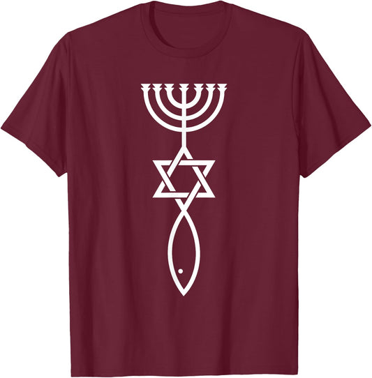 Jerusalem Messianic Seal Icthy's Stomach David Menorah T-Shirt - T-Shirt | Maroon