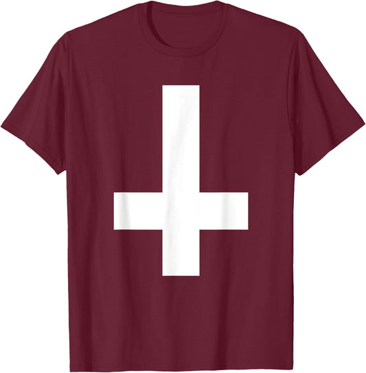 Inverted Cross Upside Down Cross T-Shirt - T-Shirt | Maroon