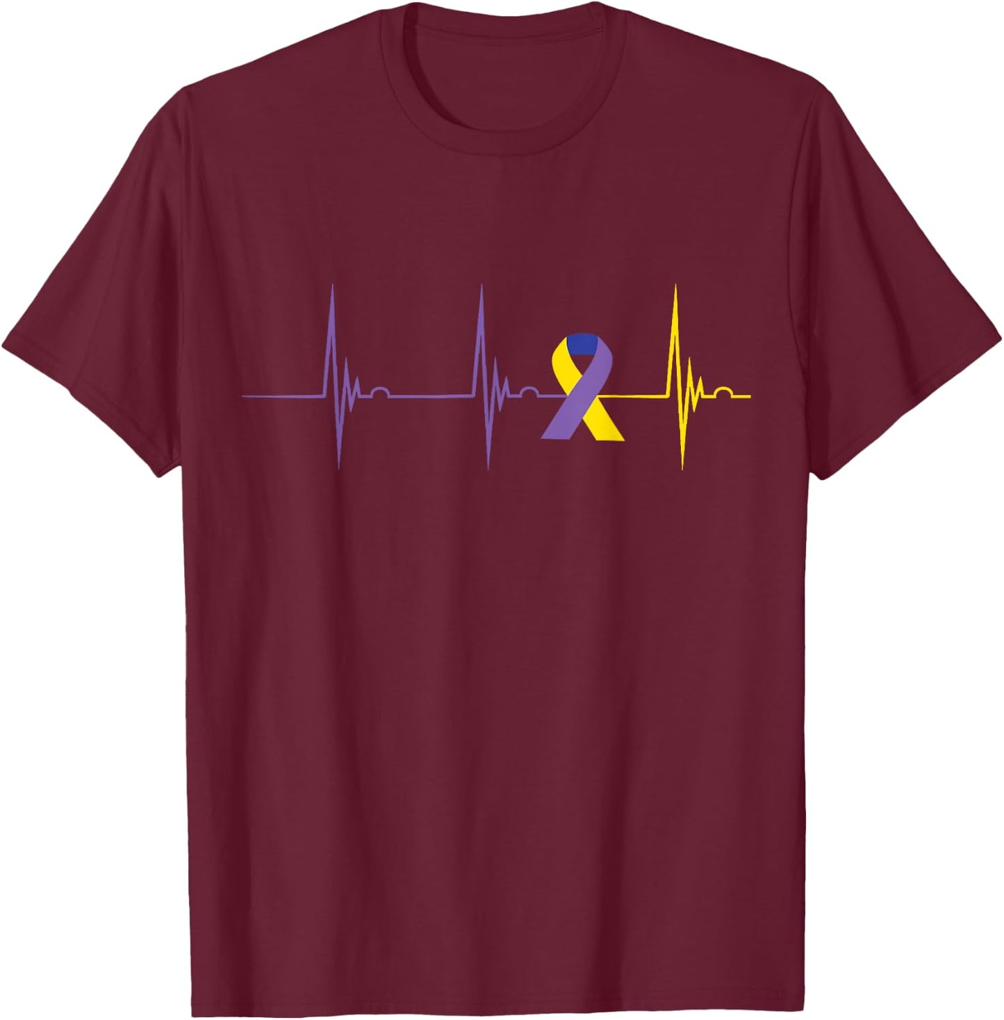 Blue Yellow Purple Ribbon Heartbeat EKG Pulse Bladder Cancer T-Shirt - T-Shirt | Maroon