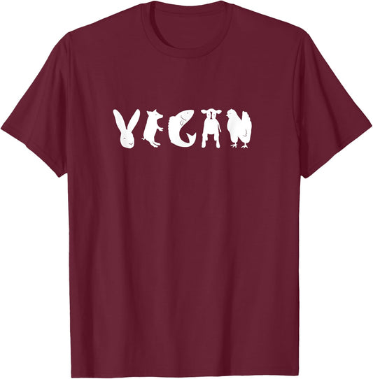 VEGAN Spelled with Animals as Letters! White Design Vegan T-Shirt - T-Shirt | Maroon