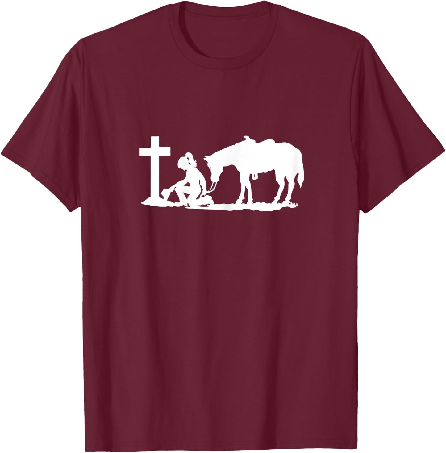 Cowgirl and a Horse Praying Cross Western Women T-Shirt - T-Shirt | Maroon