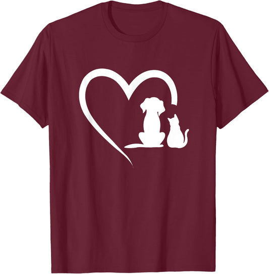 Dog Puppy and Baby Cat Heart - Animal Dog & Cat Heart Women Girls Kids T-Shirt - T-Shirt | Maroon