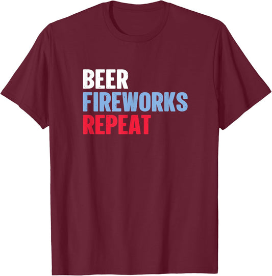 Beer Fireworks Repeat Star Funny July 4th Fireworks T-Shirt - T-Shirt | Maroon