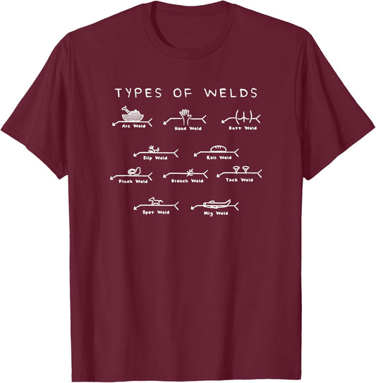 Funny Welding Gifts Ten Types of Welds Welding Humor Small T-Shirt - T-Shirt | Maroon
