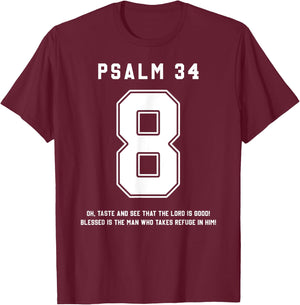 Psalm 34:8 Bible Verse Team Sports Jersey Christian T-Shirt - T-Shirt | Maroon