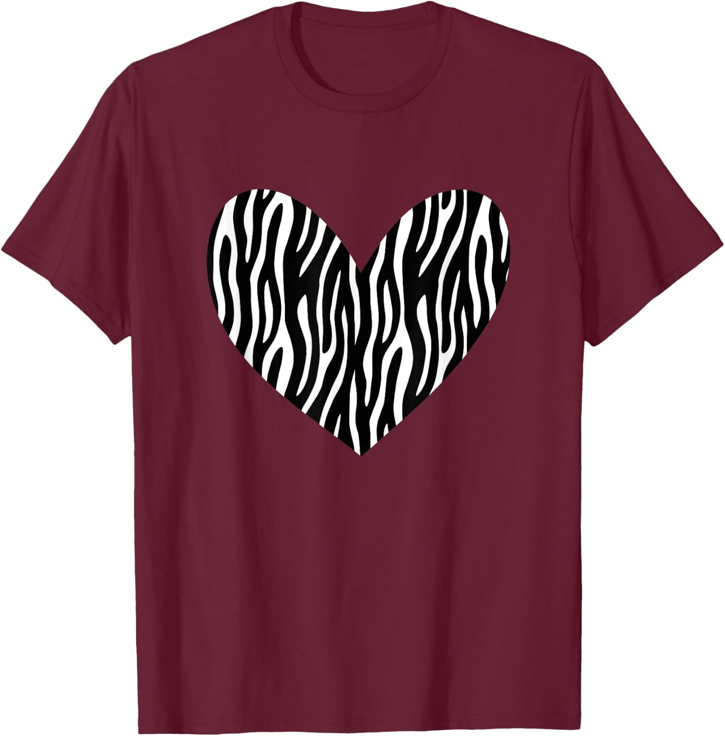 Zebra Pattern Black & White Heart / Exotic Animal Print T-Shirt - T-Shirt | Maroon