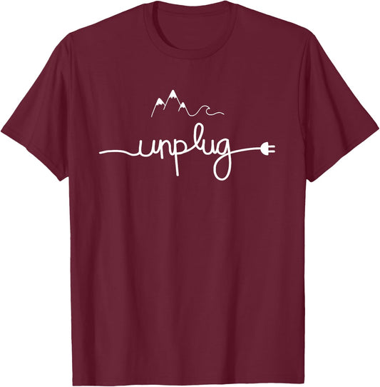 Simple & Cool Minimalist Mountain and waves graphic, UNPLUG T-Shirt - T-Shirt | Maroon