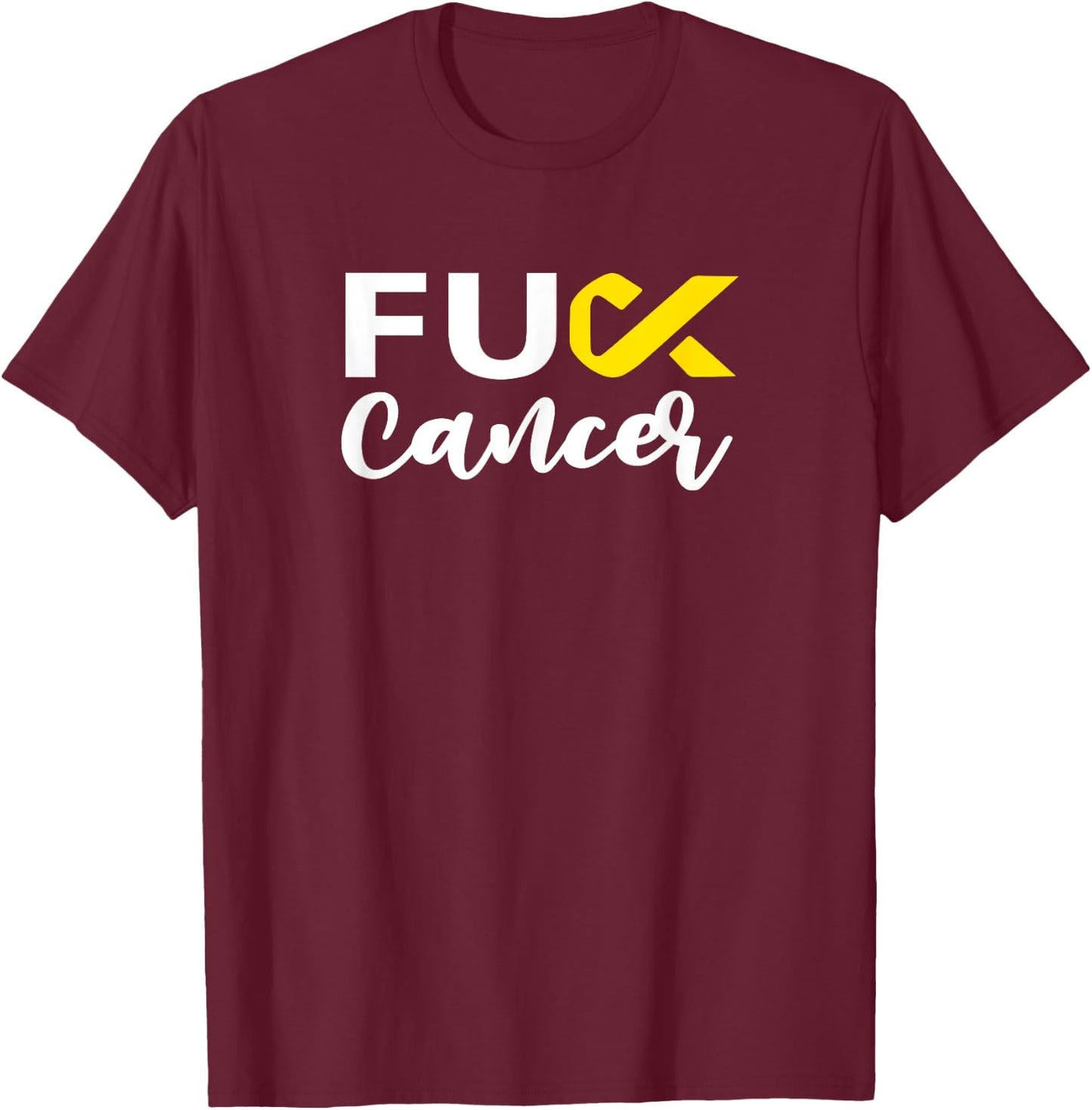 Cursive Fuck Childhood Cancer Yellow Ribbon Cancer T-Shirt - T-Shirt | Maroon