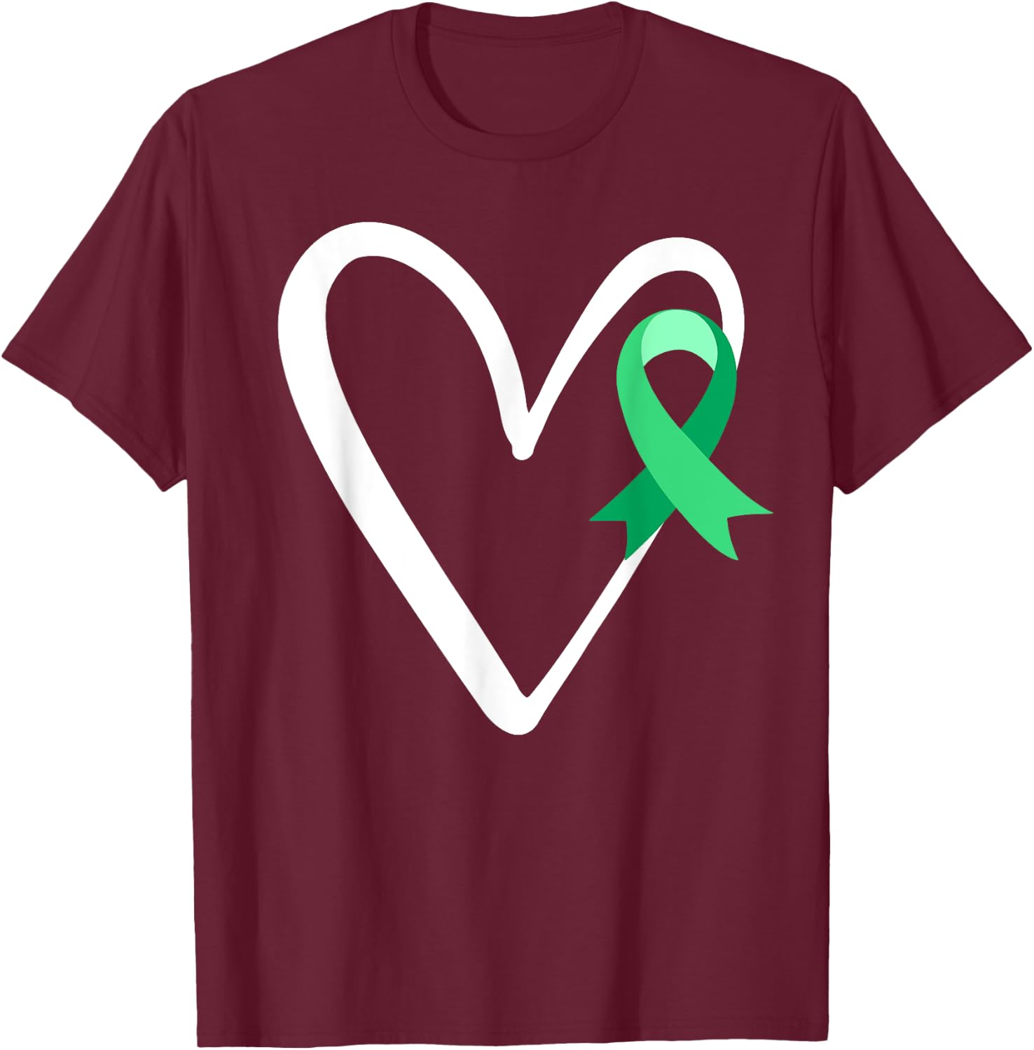 Heart Liver Cancer Awareness Green Ribbon Warrior T-Shirt - T-Shirt | Maroon