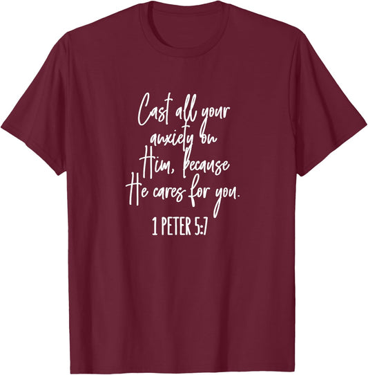 1 Peter 5:7 - Gift & Men, Christian T-Shirt - T-Shirt | Maroon
