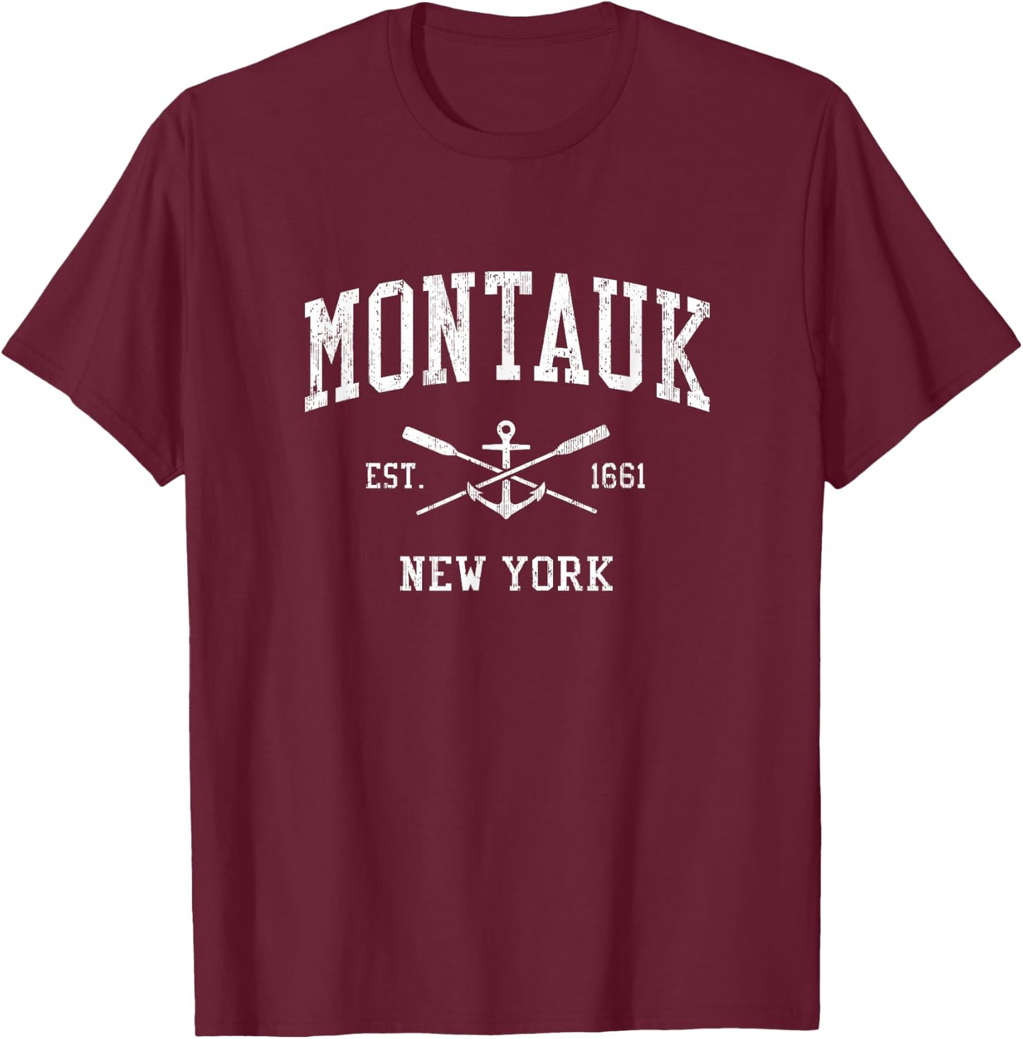 Montauk NY Vintage Crossed Oars & Boat Anchor Sports T-Shirt - T-Shirt | Maroon