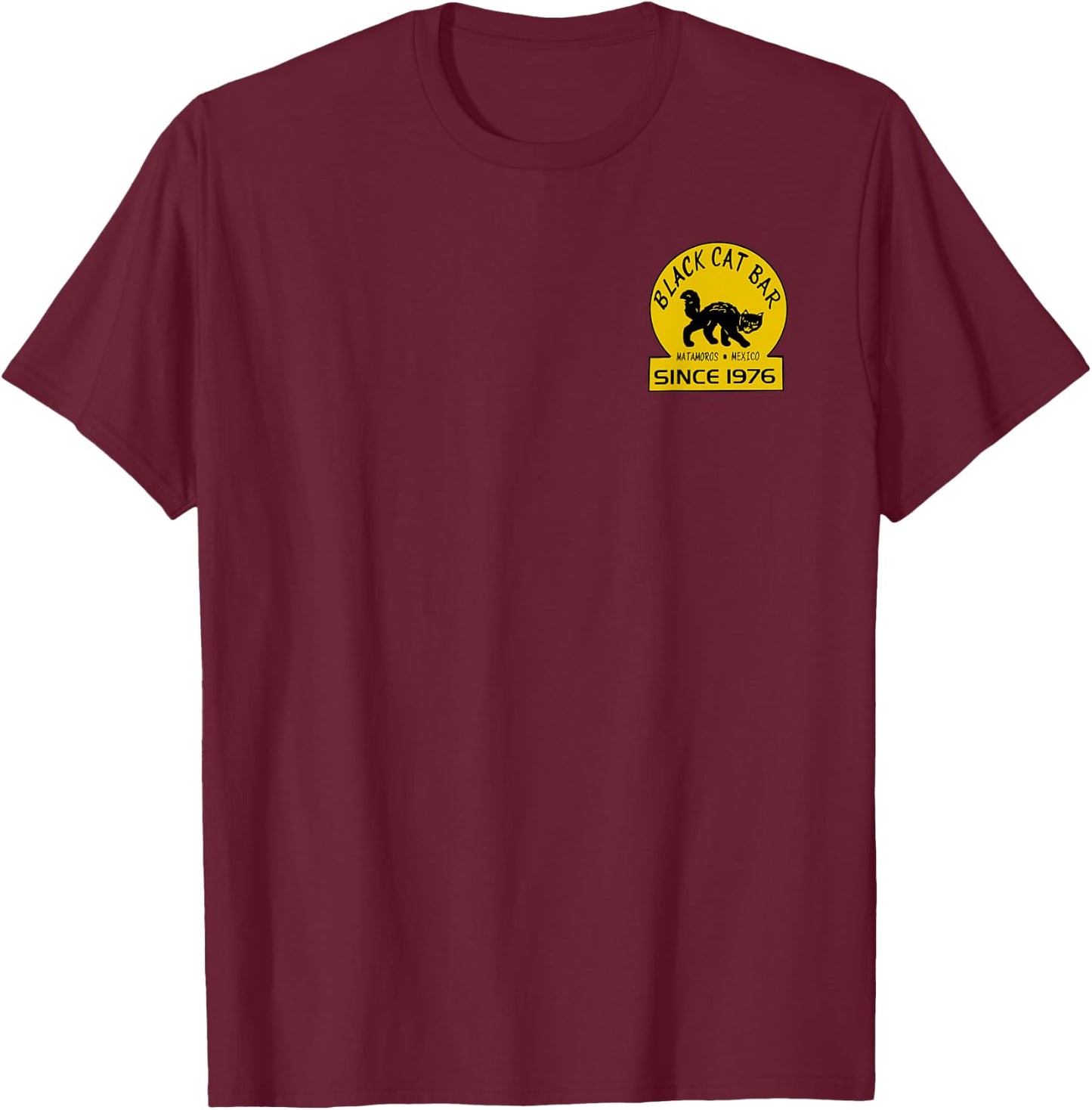 Front Pocket Logo ONLY Black Cat Bar “Black Cat’s” T-Shirt - T-Shirt | Maroon