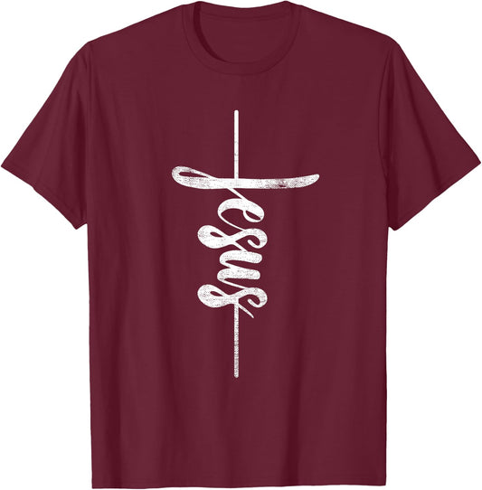 Jesus Christian Cross Art Cursive Inspiring Gift Men Women T-Shirt - T-Shirt | Maroon