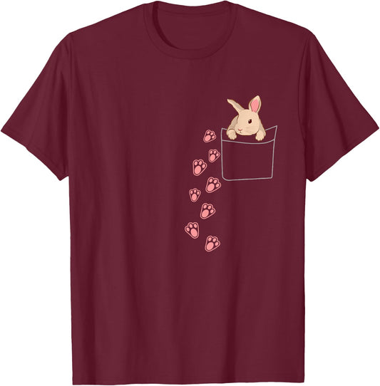 Easter Cute Bunny in Shirt Pocket Rabbit Footprints T-Shirt - T-Shirt | Maroon