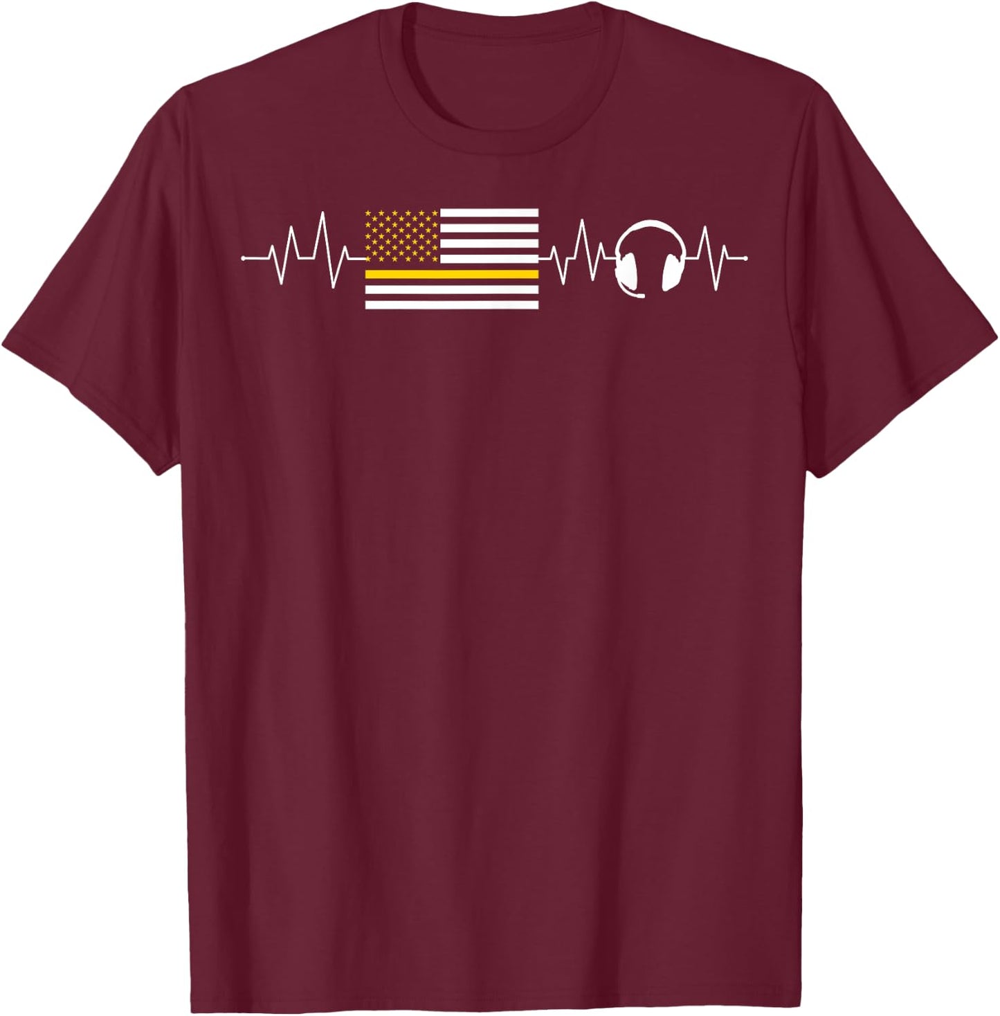 Heartbeat 911 Dispatcher Thin Yellow Line Emergency US Flag T-Shirt - T-Shirt | Maroon