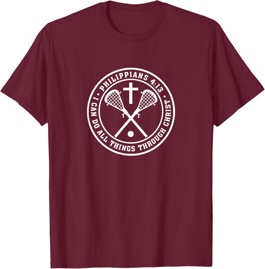 Philippians 4:13 Christian Lacrosse Cross Jesus Saves Christ T-Shirt - T-Shirt | Maroon