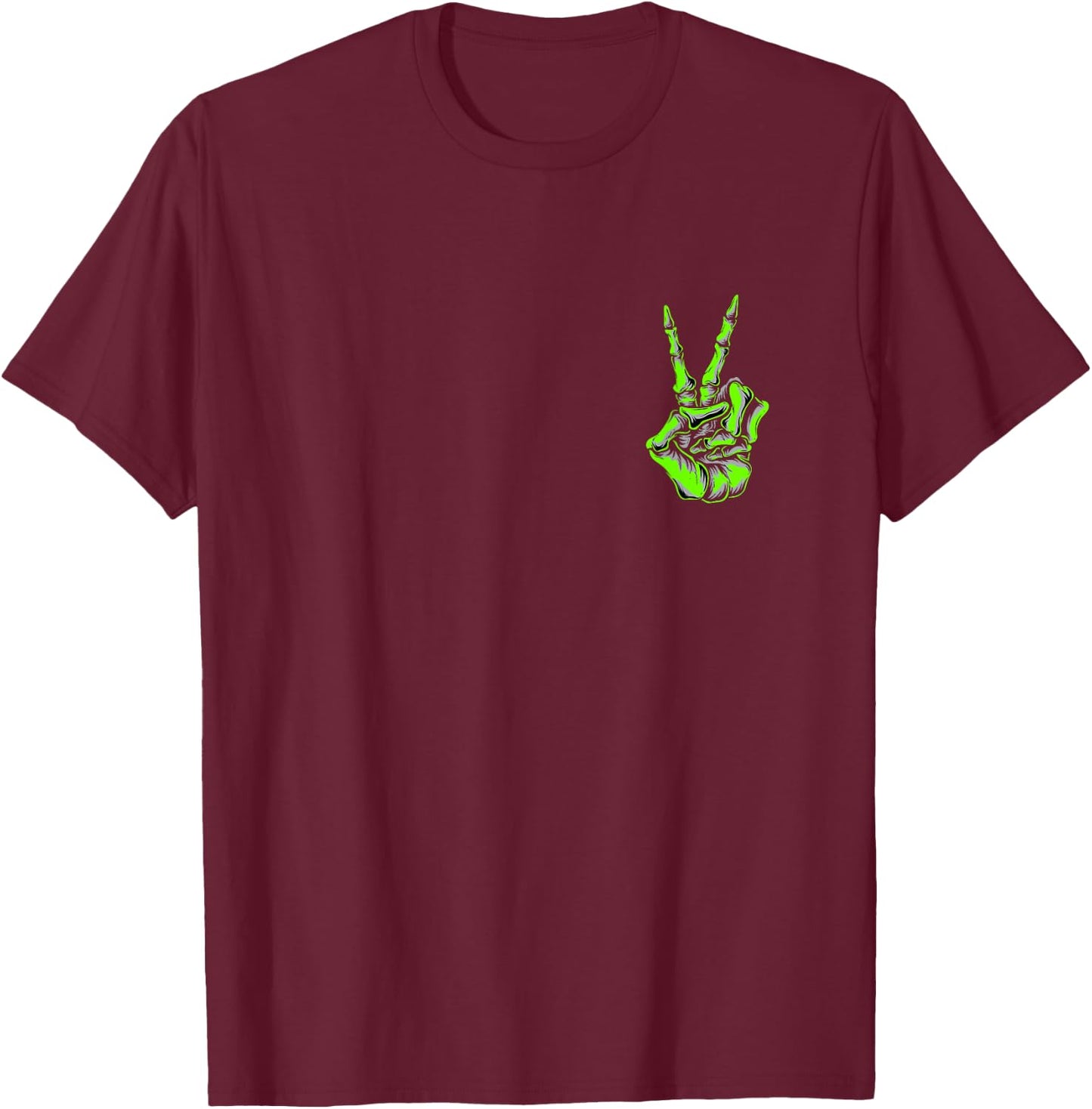 Green Skeleton Peace Sign Green Color Graphic T-Shirt - T-Shirt | Maroon