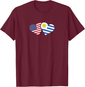 USA Uruguay Flag T Shirt Hearts Uruguayan American Love Gift T-Shirt - T-Shirt | Maroon