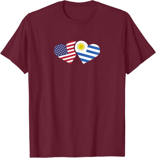 USA Uruguay Flag T Shirt Hearts Uruguayan American Love Gift T-Shirt - T-Shirt | Maroon