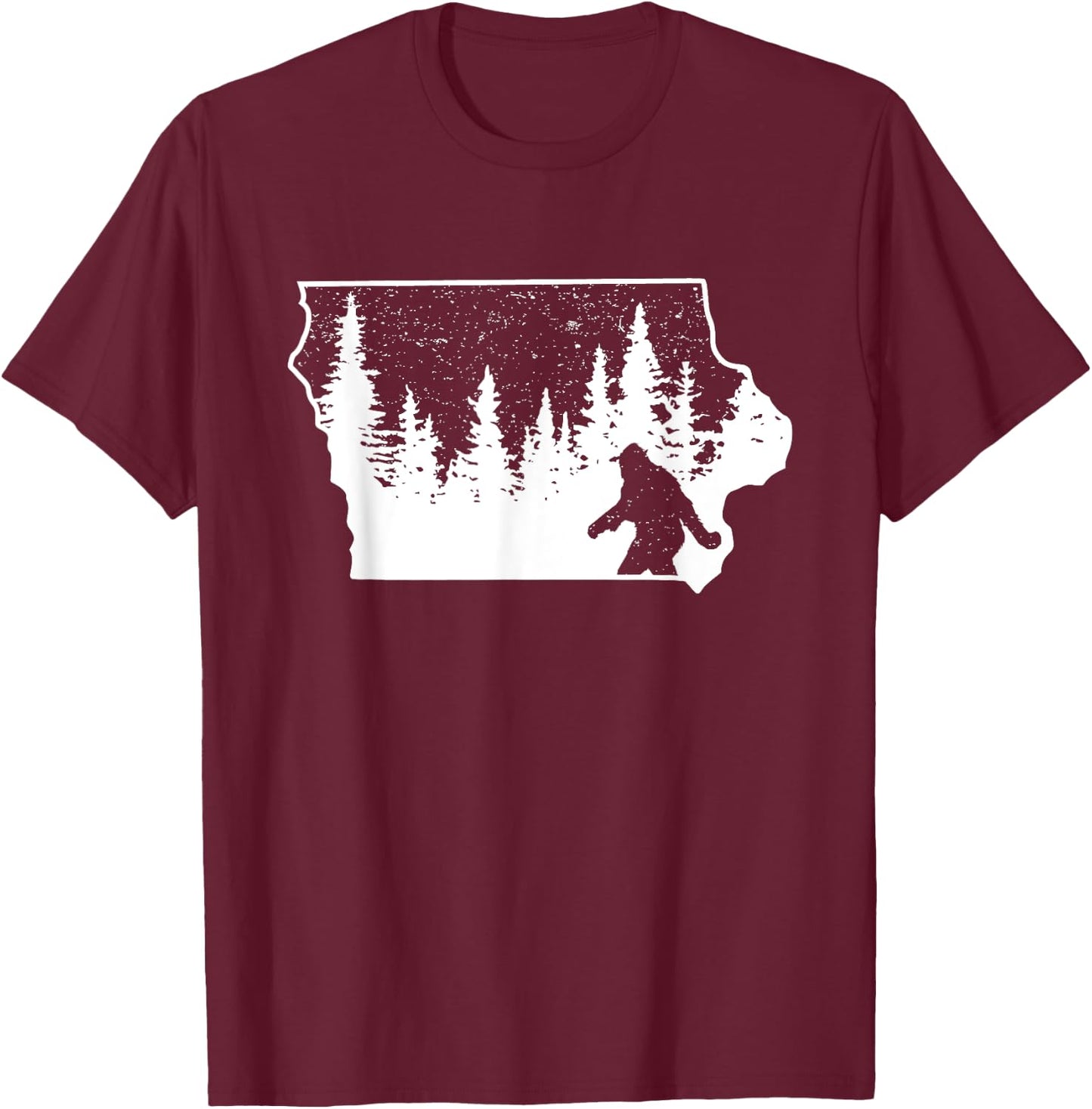 Bigfoot Iowa Pride Funny Sasquatch Love Iowa Map Distressed T-Shirt - T-Shirt | Maroon