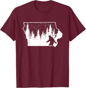 Bigfoot Iowa Pride Funny Sasquatch Love Iowa Map Distressed T-Shirt - T-Shirt | Maroon