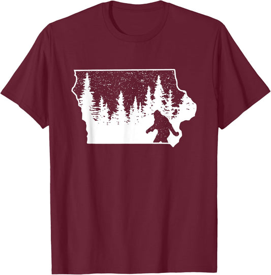 Bigfoot Iowa Pride Funny Sasquatch Love Iowa Map Distressed T-Shirt - T-Shirt | Maroon