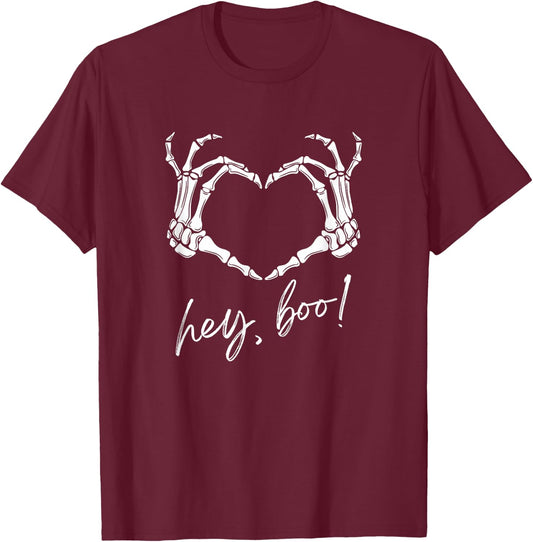 Skeleton Hands Heart Hey Boo Funny Halloween Men Women T-Shirt - T-Shirt | Maroon