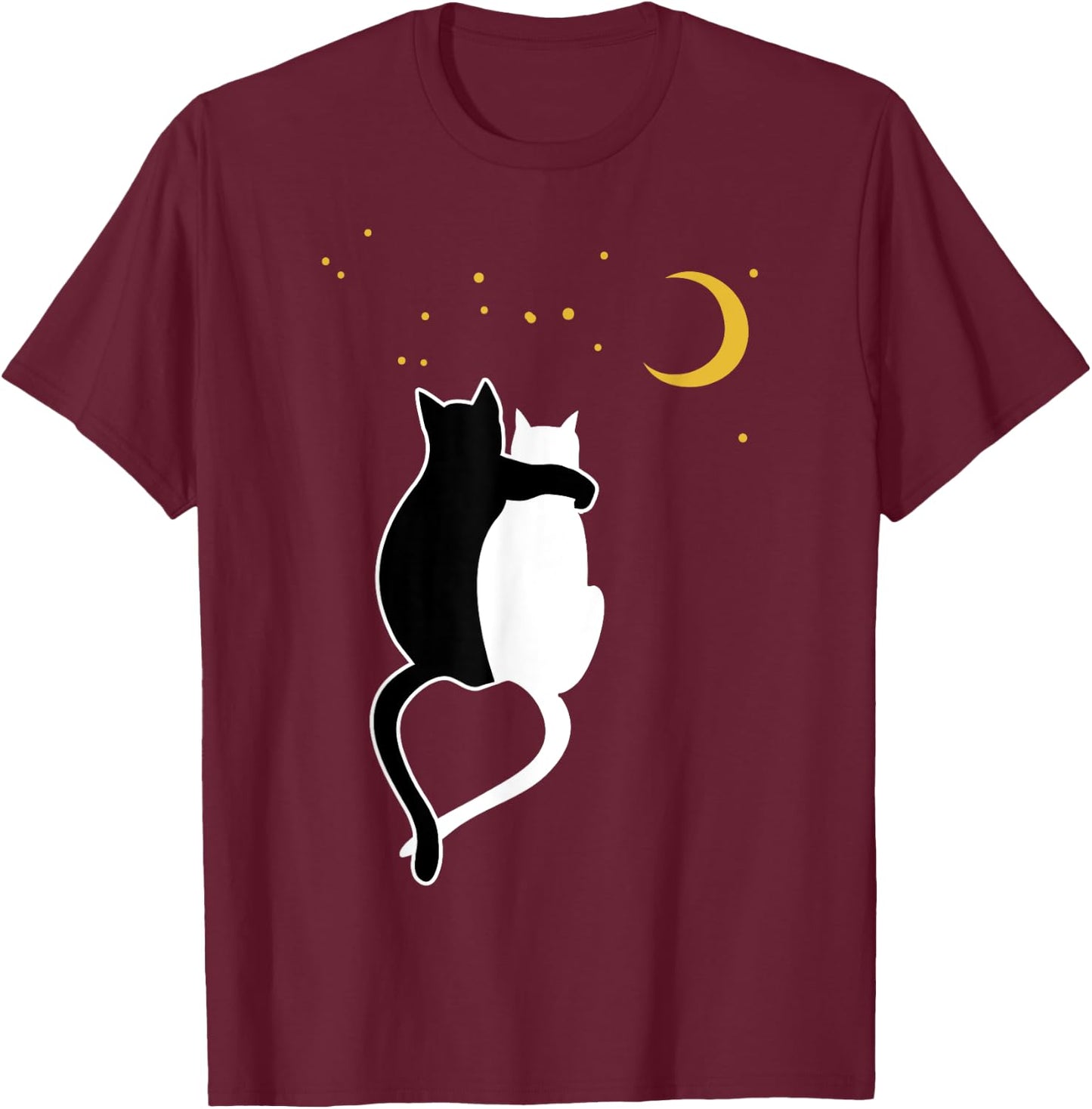 Black cat, white cats hug and moon, stars T-Shirt - T-Shirt | Maroon