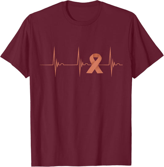 Heartbeat EKG Pulse Peach Endometrial Cancer Awareness T-Shirt - T-Shirt | Maroon