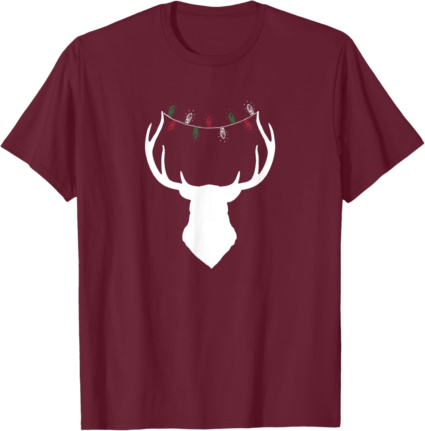Deer Head with Christmas Lights on Antlers T-Shirt - T-Shirt | Maroon