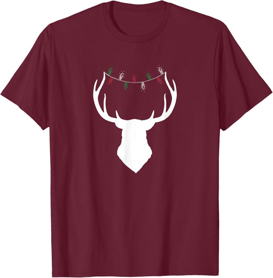 Deer Head with Christmas Lights on Antlers T-Shirt - T-Shirt | Maroon