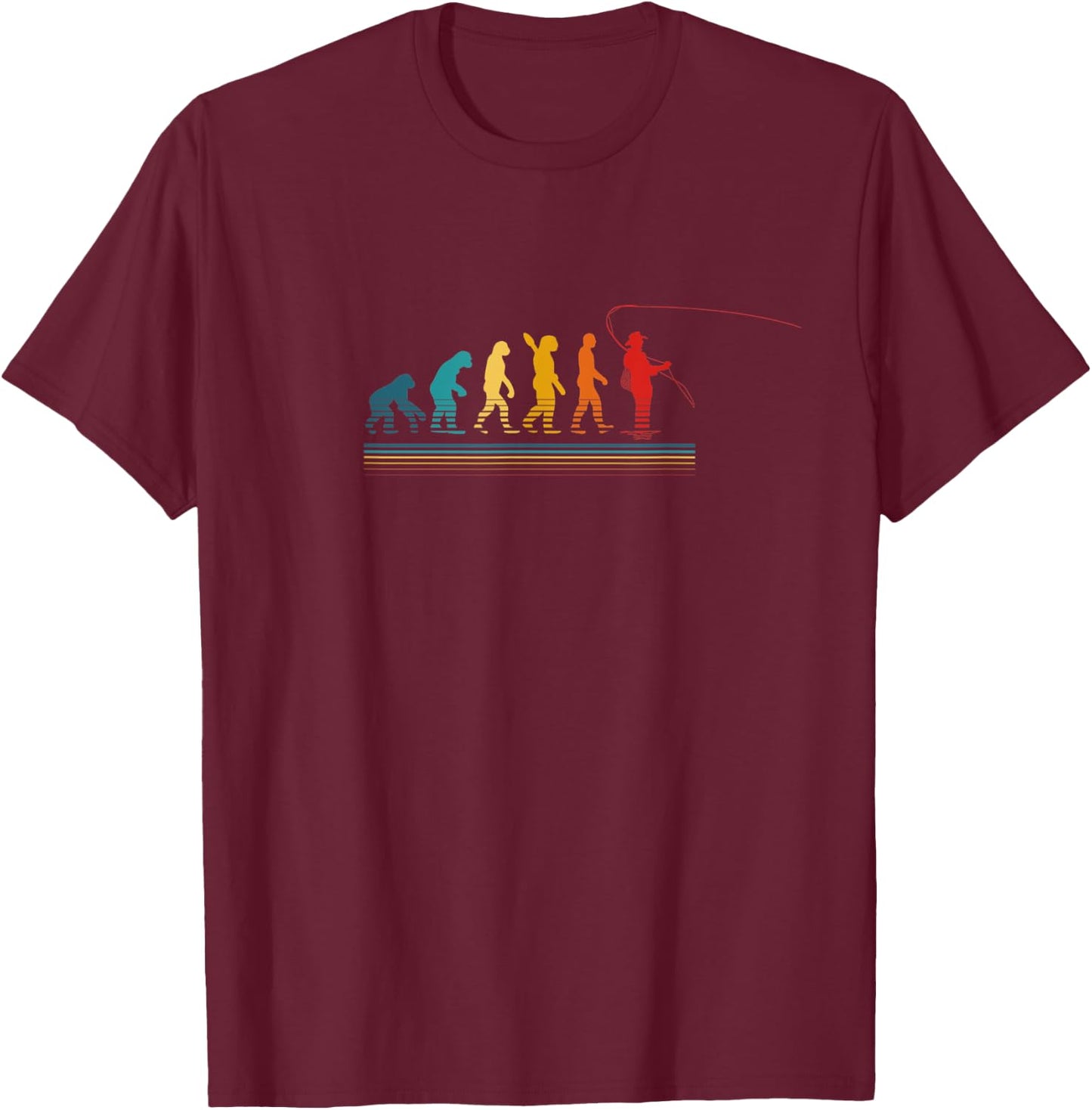The Evolution of Man Fly Fishing in Retro Colors T-Shirt - T-Shirt | Maroon